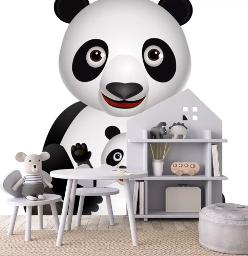 Sticker Een grote glimlachende panda die een kleinere vasthoudt