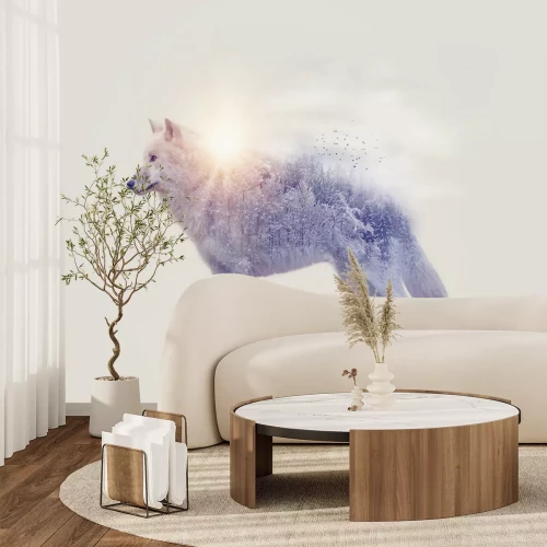 Fotobehang Abstracte witte wolf met bomen