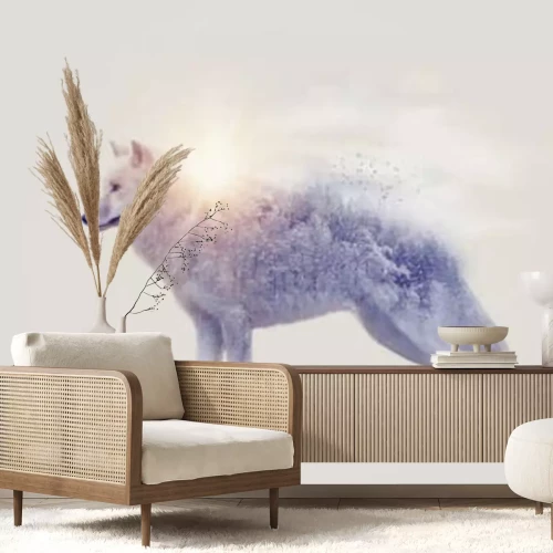 Fotobehang Abstracte witte wolf met bomen