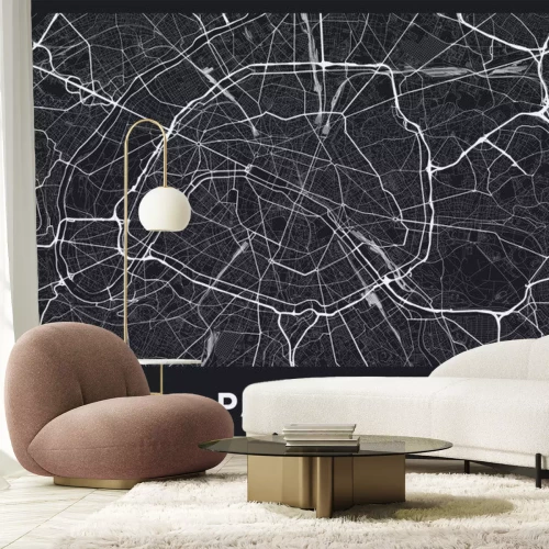 Sticker Donkere stadsplattegrond van Parijs. Routekaart van Parijs (Frankrijk). Zwart-wit (donker) illustratie van de straten van Parijs. Afdrukbaar posterformaat (album).