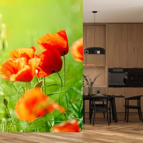 Sticker Rode bloemen op een groene weide