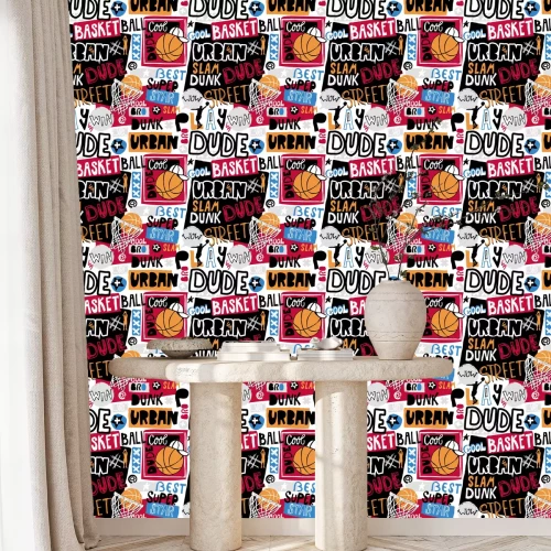 Behang Vector schets basketbal naadloze patroon voor jongens, cool kerel, stedelijke bro. Hand-tekening belettering, slogan. Print grunge ontwerp voor T-shirts, banners, flyers, kinderfeestjes, kleding, soci