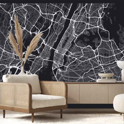 Sticker Donkere kaart van New York City. Routekaart van New York (Verenigde Staten). Zwart-witte (donkere) illustratie van de straten van New York. Transportnetwerk van de Big Apple. Afdrukbaar posterformaat 