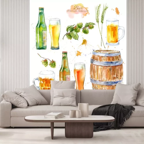 Sticker Set van een glas bier, fles, gerst, mout en hop. Beeld van een alcoholische drank. Aquarel hand getrokken illustratie. Witte achtergrond.