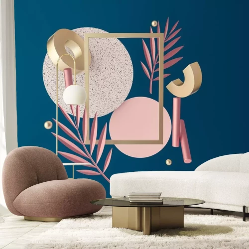 Sticker 3D ruimtelijke compositie met roze takjes