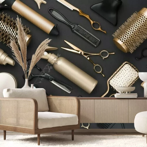 Fotobehang Kappersgereedschap op een zwarte achtergrond