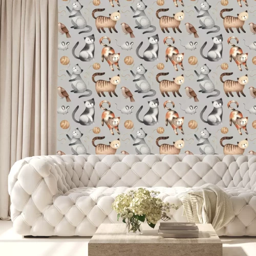 Behang Waterverfillustratie van leuke kat. Naadloos patroon