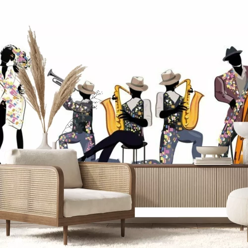 Sticker Muzikanten op het feest. Jazzband. Hand getrokken vectorillustratie.