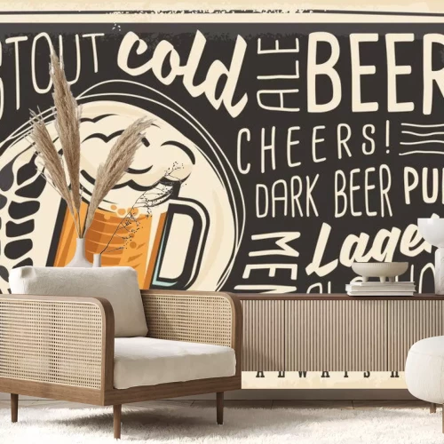 Sticker Bieraffichemenu met het creatieve van letters voorzien en biermok op donkere schoolbordachtergrond. Artistiek concept voor bar of pub wanddecoratie of menusjabloon.