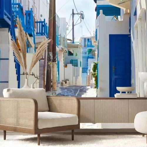 Fotobehang Lege witgekalkte gangweg eiland Mykonos Griekenland