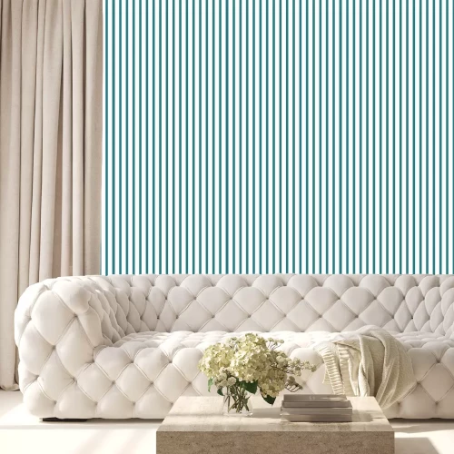 Behang Turquoise en wit gestreept patroon