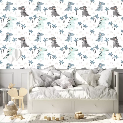 Behang Dinosaurussen en palmbomen voor kinderen in scandinavische stijl