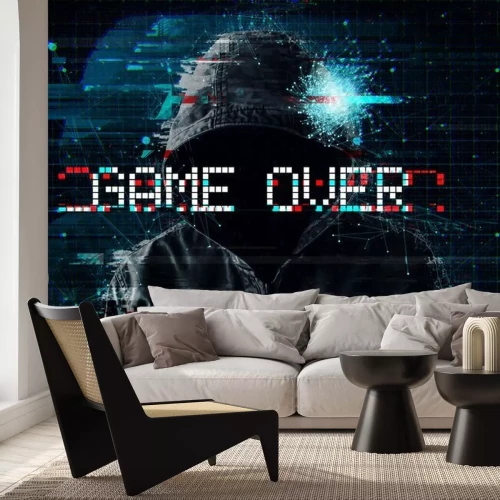 Fotobehang Een personage in de stijl van een computerspel met de woorden &quot;game over&quot;