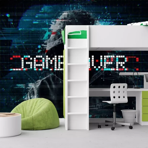 Fotobehang Een personage in de stijl van een computerspel met de woorden "game over"