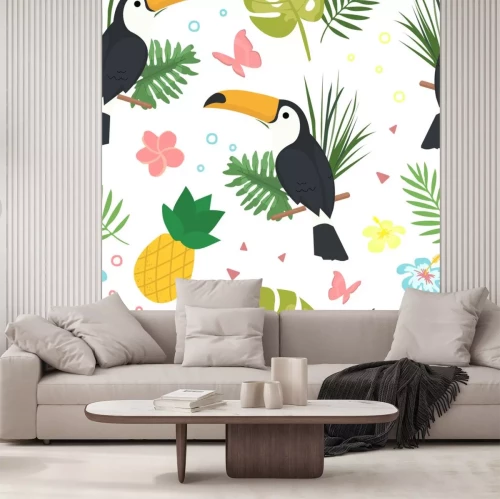 Sticker Naadloze vector cartoon doodle patroon. Exotische tropische textuur voor afdrukken, webdesign, poster sjabloon. Verzameling van grappige elementen