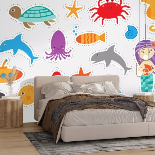 Sticker Verschillende kleurrijke foto's van oceaan dieren voor kinderen, leuk onderwijs spel voor kinderen, voorschoolse activiteit, set van stickers, vector illustratie