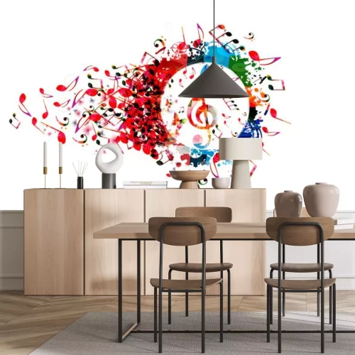 Sticker Muziek kleurrijke achtergrond met muzieknota's en vectorillustratie van de G-sleutel het vectorillustratie. Artistieke muziekfestivalaffiche, live concert, creatief g-sleutel ontwerp