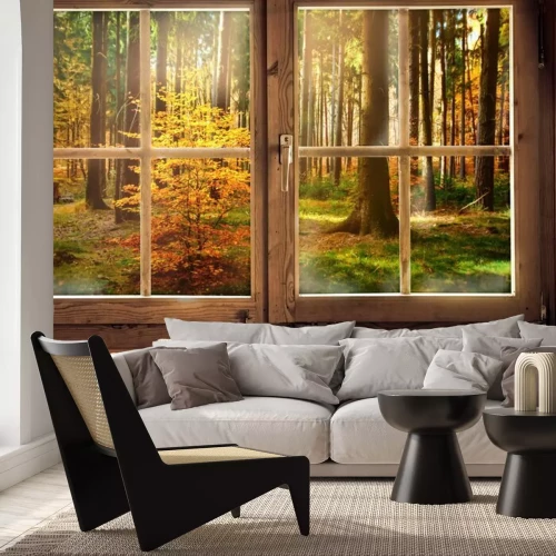 Fotobehang Houten hut met uitzicht op een herfst bos