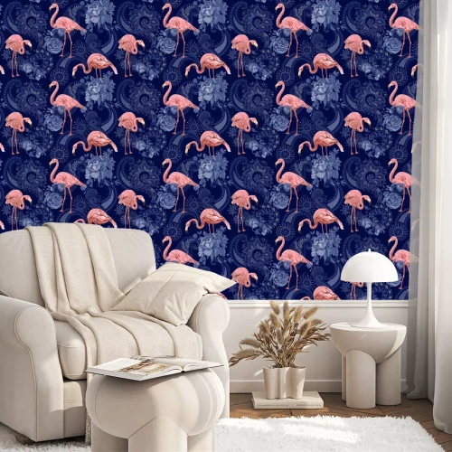 Behang Flamingo's op een donkerblauwe achtergrond