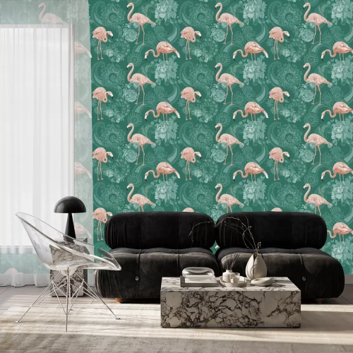 Behang Flamingo's op een groene achtergrond