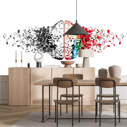 Sticker Kleurrijke menselijke hersenen met muzieknota's geïsoleerd vector illustratieontwerp. Artistieke muziekfestivalaffiche, live concert, creatief muzieknotenontwerp