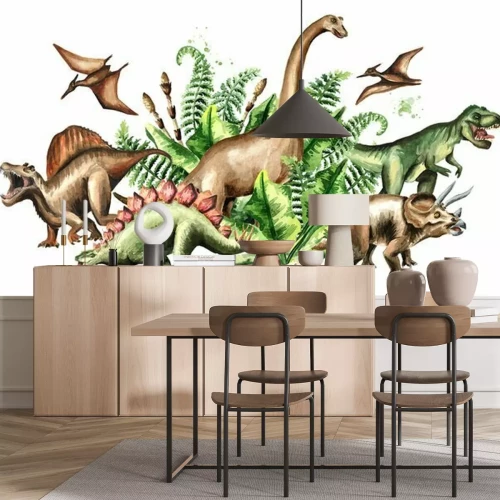 Fotobehang Aquarel Dinosaurussen en Prehistorische Planten
