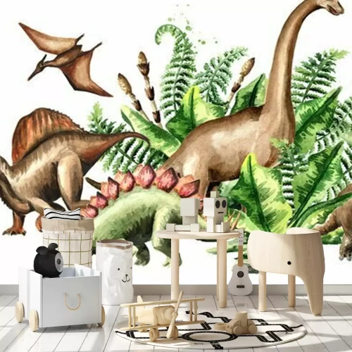 Fotobehang Aquarel Dinosaurussen en Prehistorische Planten