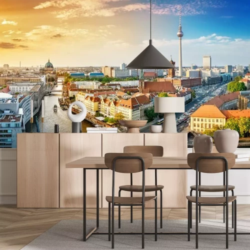 Fotobehang Panorama van de stad bij zonsondergang