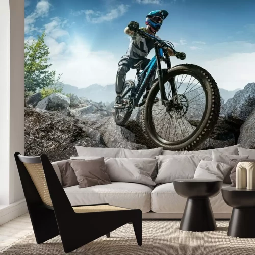 Fotobehang Mountainbiker op stenen pad