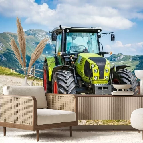 Fotobehang Groene tractor op landbouwbedrijf in het Italiaans Alpen