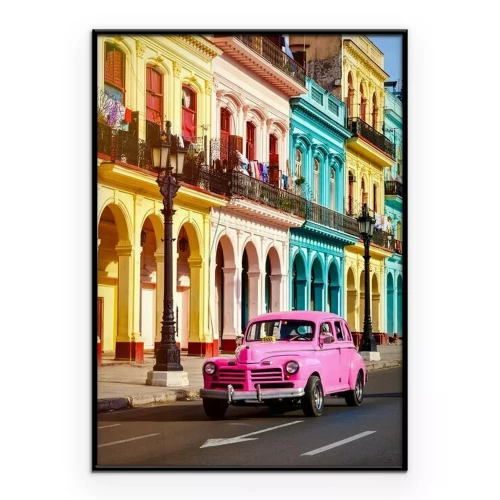 Poster Een roze retro auto tegen de achtergrond van kleurrijke huizenblokken in Havana.
