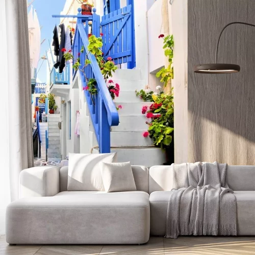 Fotobehang Mooie witgekalkte straat in de oude stad van Mykonos, Griekenland