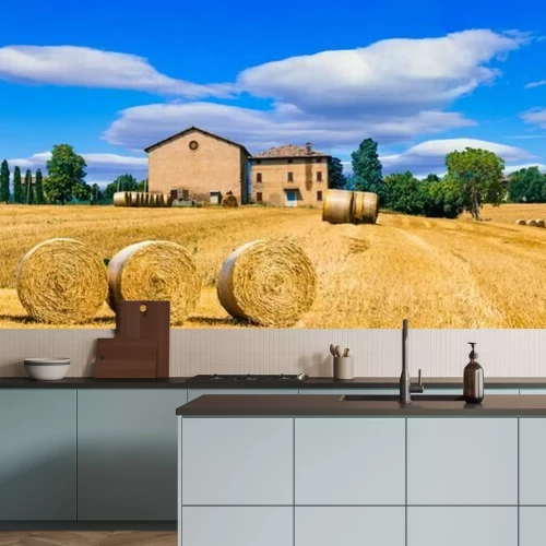 Fotobehang Huis en veld in Toscane