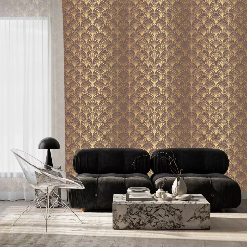 Behang Onregelmatige Art Deco-patroon Gouden achtergrondschalen