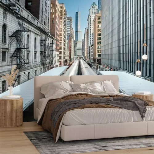 Fotobehang Twee treinen van het metrosysteem van Chicago over de verhoogde spoorlijn in een wolkenkrabberskloof in het Loop-district, Chicago, Illinois, Verenigde Staten