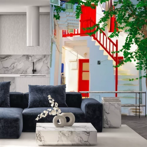 Fotobehang Rode houten frames op walkpath Mykonos Griekenland Cycladen