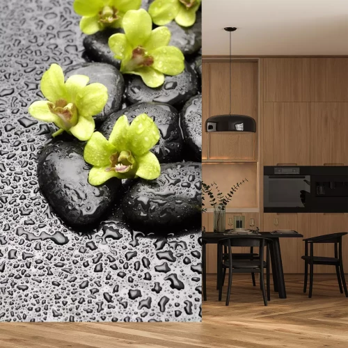 Sticker Set van groene orchidee en zen stenen met water druppel