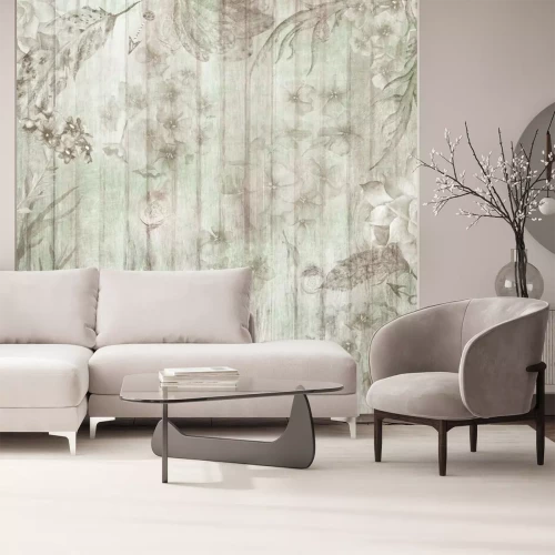 Fotobehang Witte borden en sjofele bloemen