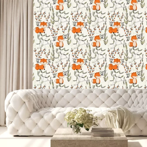 Behang Geschilderde vossen en groene takjes