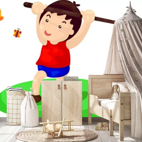 Sticker Kleine jongen die vlinders op het net vangt