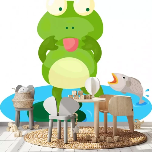 Sticker Een kikker die wegrent van een springende vis