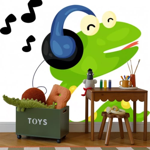 Sticker Groene slang in koptelefoon luisteren naar muziek