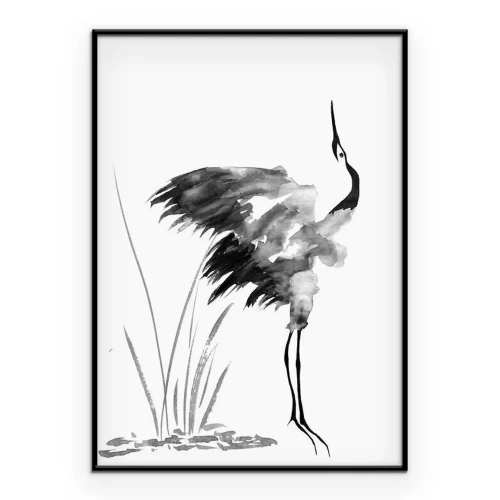 Poster Schilderij met zwarte inkt van een kraanvogel
