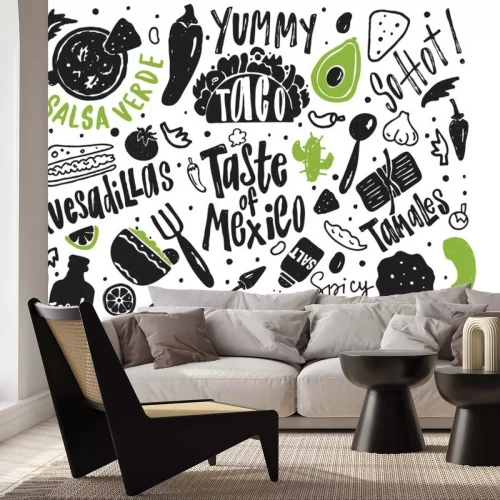Sticker Taste of Mexico. Hand getekend illustratie en belettering met verschillende Mexicaanse gerechten