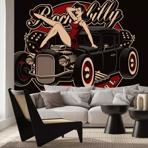 Fotobehang Pin-up girl met klassieke hot rod.