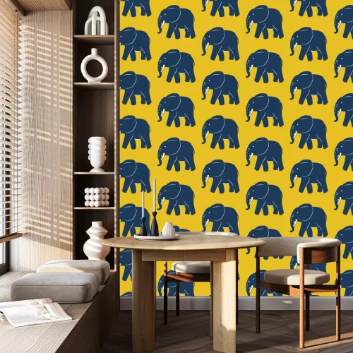 Behang Marineblauwe olifanten op een gele achtergrond