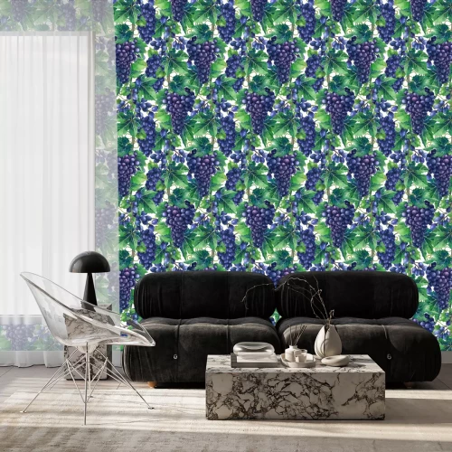 Behang Waterverfpatroon van blauwe druivenbossen