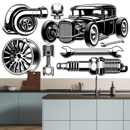 Sticker Oude auto en onderdelen zwart-wit afbeeldingen