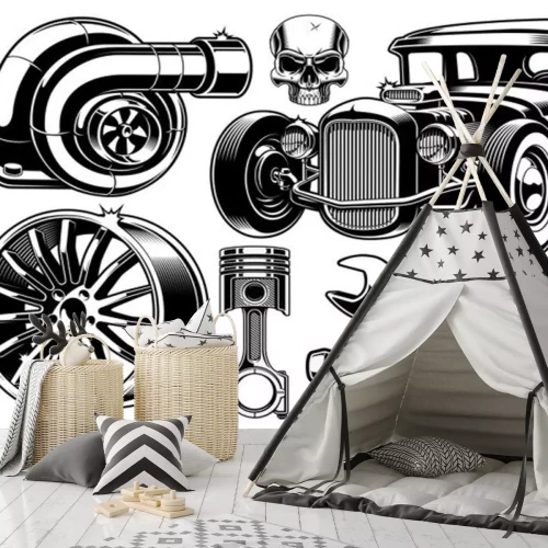 Sticker Oude auto en onderdelen zwart-wit afbeeldingen