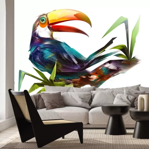 Sticker geschilderde vogeltoekan op een tak op een witte achtergrond